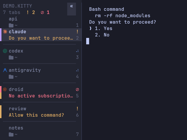 The vertical bar with Claude and a split tab waiting with their questions, Codex and Antigravity working, and Factory droid out of quota