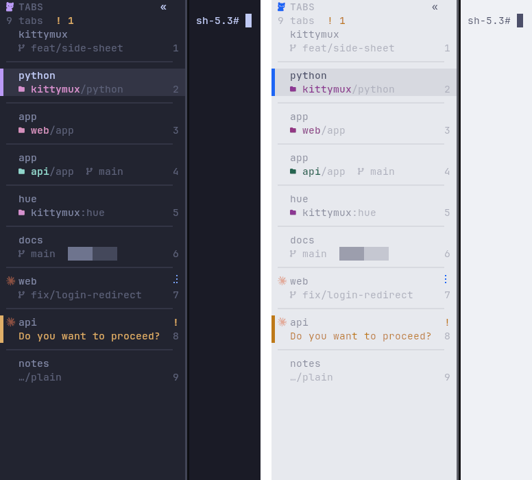 Two tabs both titled "app", a worktree, a split and two agents, on a dark and a light theme